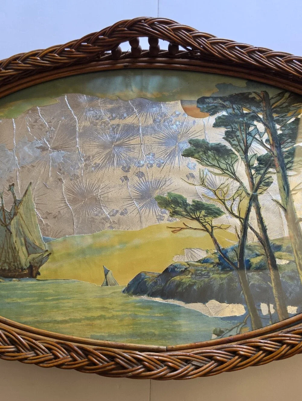 Asian Vintage Wicker Serving Tray Foil Paper Art Glass Top - 19